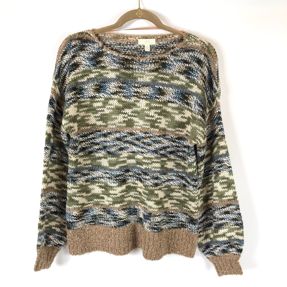 Oversized Knit Crochet Olive Blue Tan Long Sleeved Sweater Medium NWT NEW